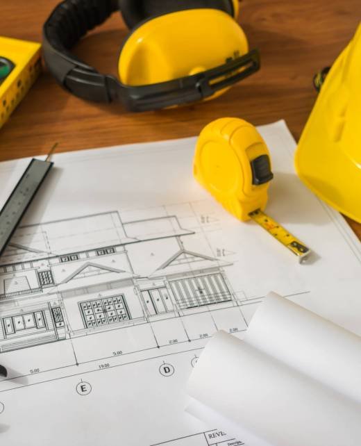Construction plans with yellow helmet and drawing tools on blueprints